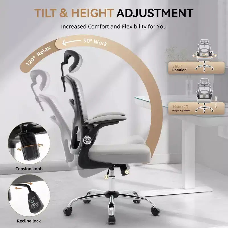 Chaise de bureau ergonomique en maille noire/grise à dossier haut pour 1