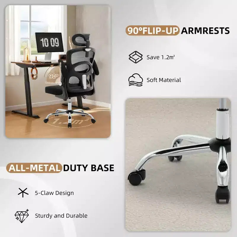 Chaise de bureau ergonomique en maille noire/grise à dossier haut pour 1