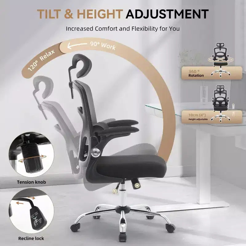 Chaise de bureau ergonomique en maille noire/grise à dossier haut pour 1