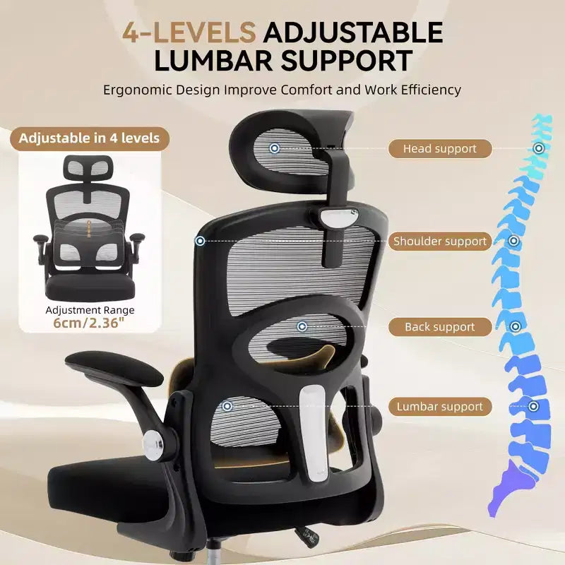 Chaise de bureau ergonomique en maille noire/grise à dossier haut pour 1