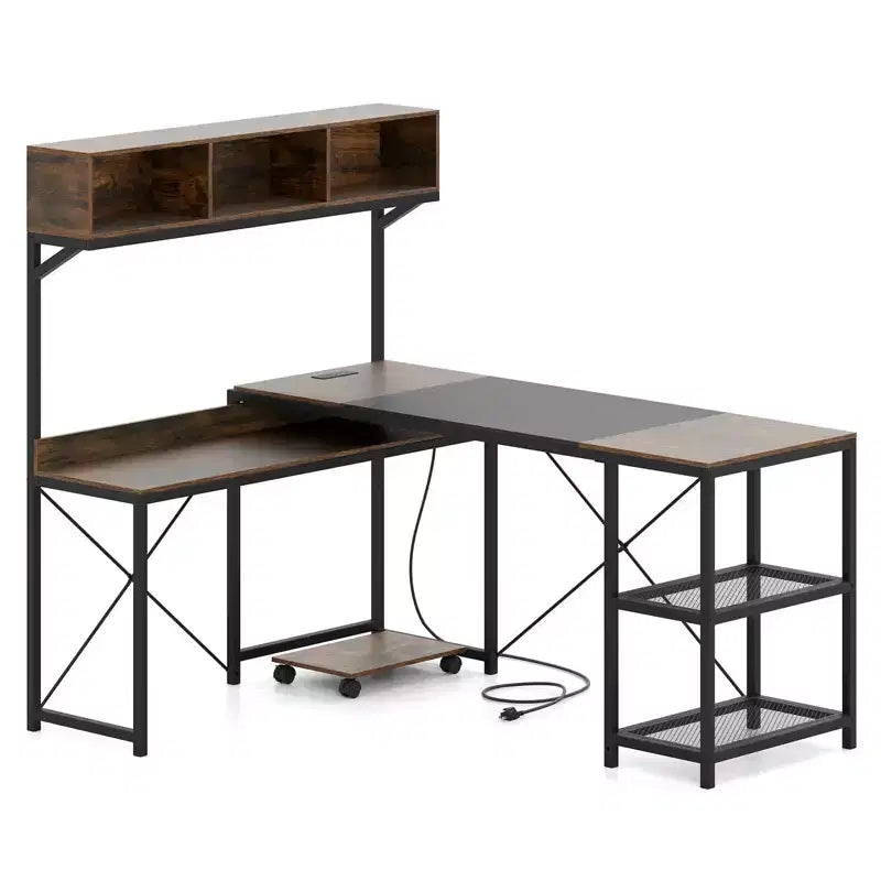 Bureau d'angle en L marron rustique et noir avec étagères et prises électriques pour 1 personne