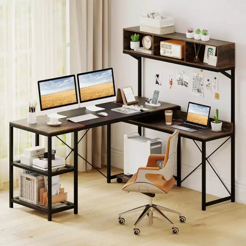 Rustic Brown & Black L-Shaped Corner Desk with Storage Hutch & Power Outlets for 1
