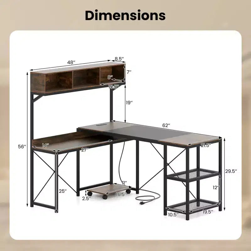 Bureau d'angle en L marron rustique et noir avec étagères et prises électriques pour 1 personne
