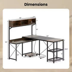 Bureau d'angle en L marron rustique et noir avec étagères et prises électriques pour 1 personne