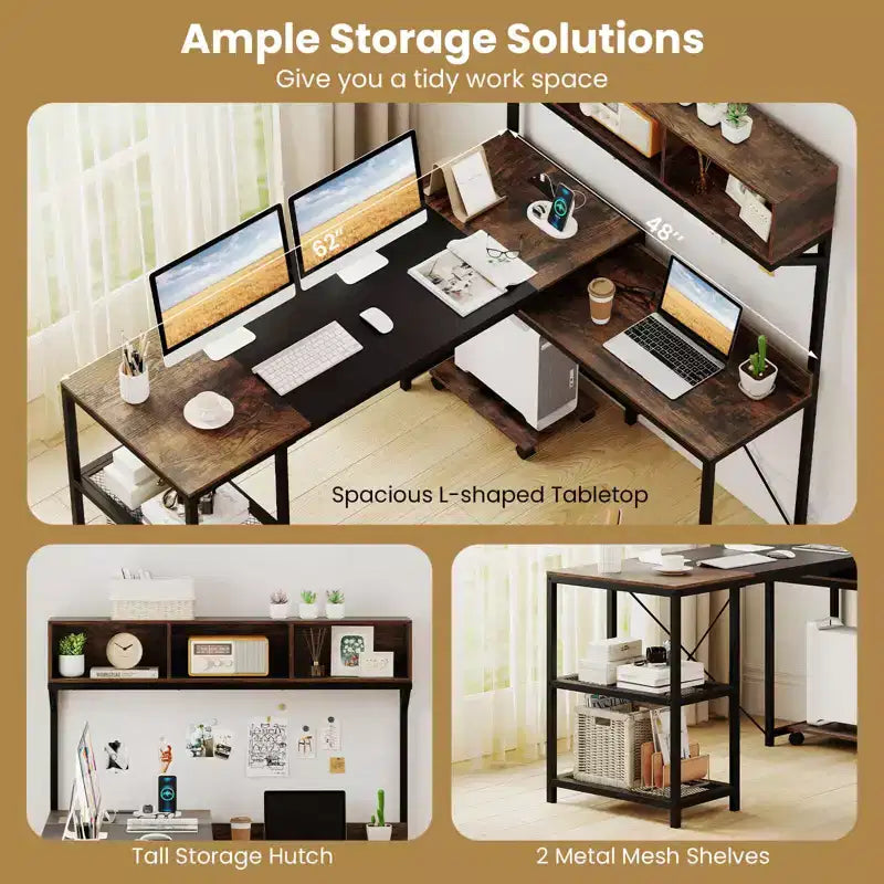 Rustic Brown & Black L-Shaped Corner Desk with Storage Hutch & Power Outlets for 1