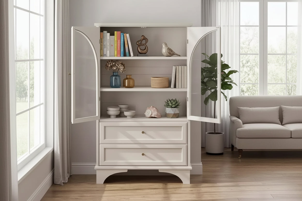 Vitrine en Verre Blanc avec 2 Tiroirs et Étagères Réglables pour 1