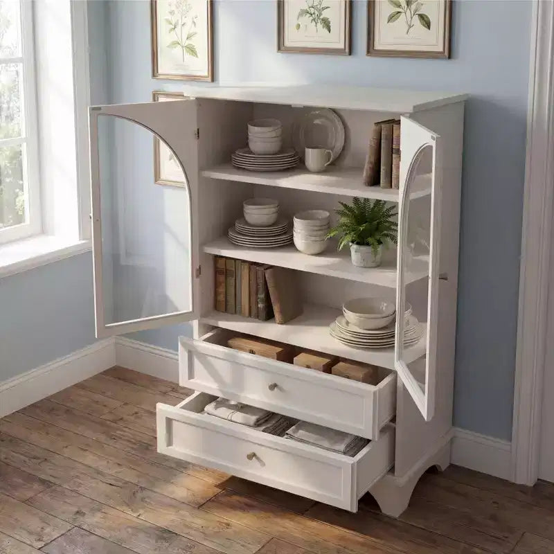 Vitrine en Verre Blanc avec 2 Tiroirs et Étagères Réglables pour 1