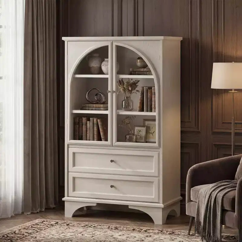 Vitrine en Verre Blanc avec 2 Tiroirs et Étagères Réglables pour 1