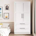 Wooden Armoire Wardrobe Closet with 2 Drawers, 70 Tall Storage Cabinet with 2 Doors, Modern Bedroom Clothing Armoires with Hanging Rods, White