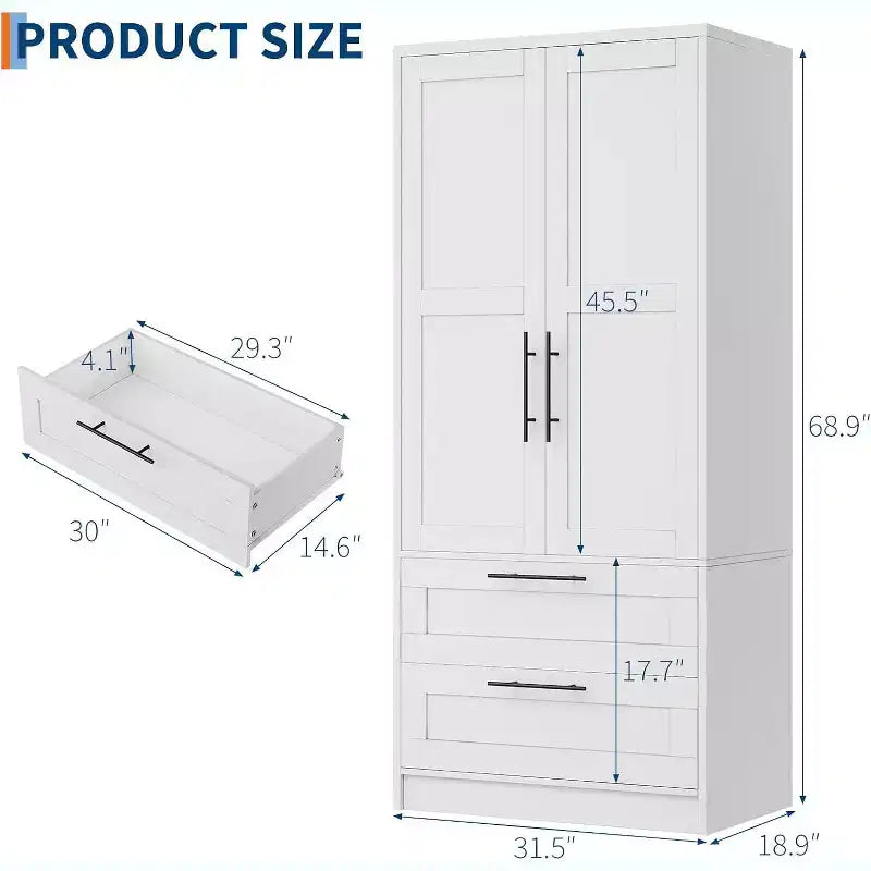 Armoire 2 portes blanche avec 2 tiroirs et tringle à vêtements pour 1