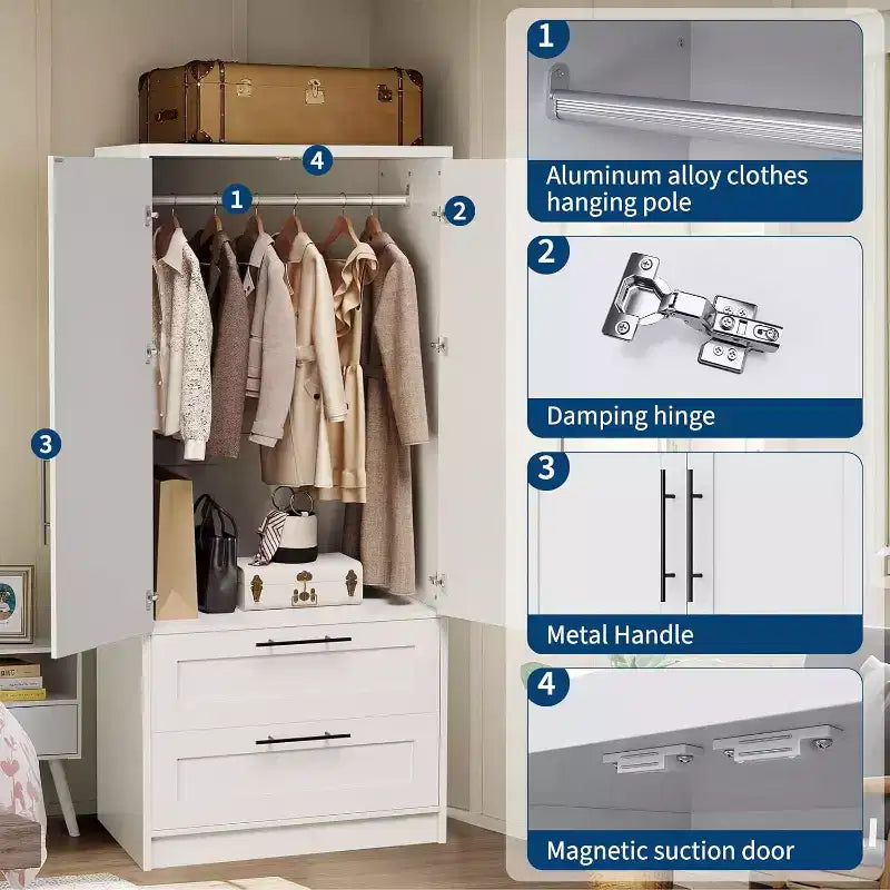 Armoire 2 portes blanche avec 2 tiroirs et tringle à vêtements pour 1