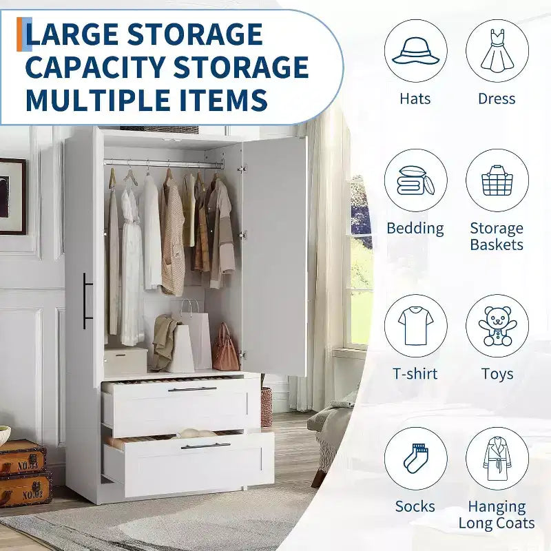 Armoire 2 portes blanche avec 2 tiroirs et tringle à vêtements pour 1