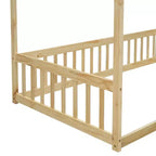 Lit cabane double en bois d'hévéa naturel/blanc avec clôture pour 1 personne