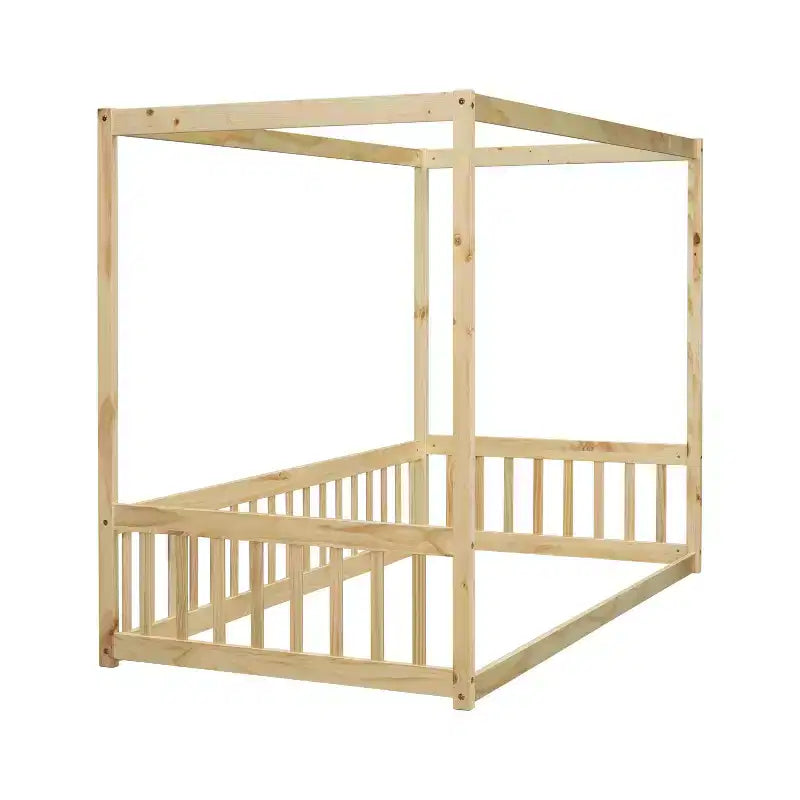 Lit cabane double en bois d'hévéa naturel/blanc avec clôture pour 1 personne