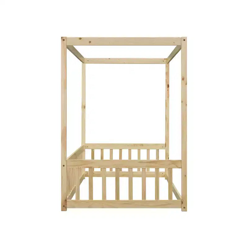 Lit cabane double en bois d'hévéa naturel/blanc avec clôture pour 1 personne