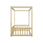Lit cabane double en bois d'hévéa naturel/blanc avec clôture pour 1 personne