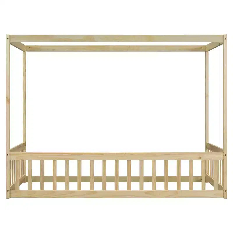 Lit cabane double en bois d'hévéa naturel/blanc avec clôture pour 1 personne
