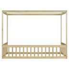 Lit cabane double en bois d'hévéa naturel/blanc avec clôture pour 1 personne