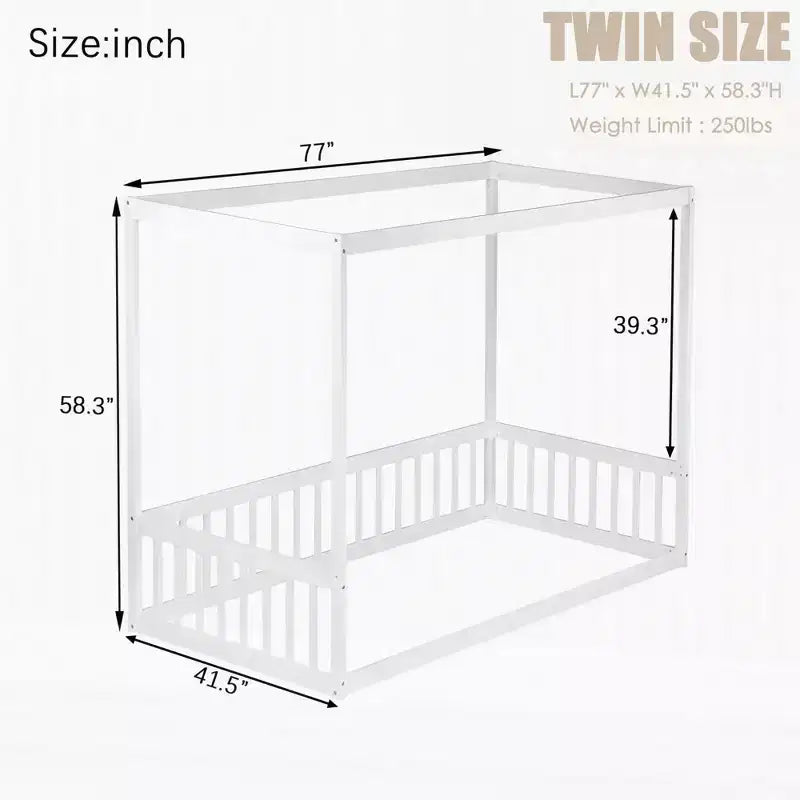 Lit cabane double en bois d'hévéa naturel/blanc avec clôture pour 1 personne