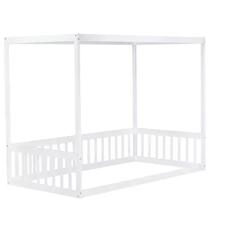 Lit cabane double en bois d'hévéa naturel/blanc avec clôture pour 1 personne