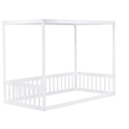 Lit cabane double en bois d'hévéa naturel/blanc avec clôture pour 1 personne