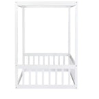 Lit cabane double en bois d'hévéa naturel/blanc avec clôture pour 1 personne