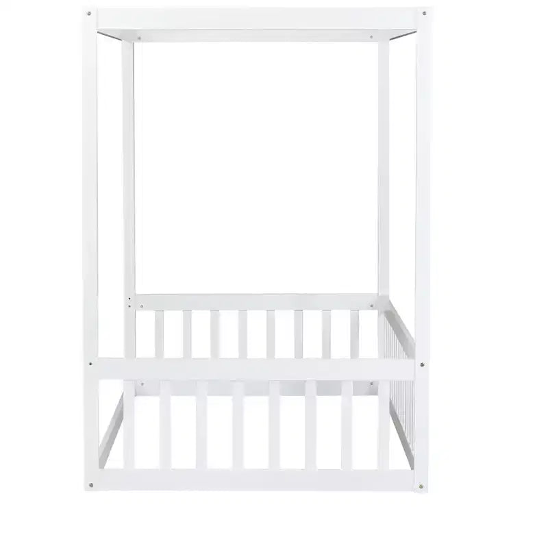 Lit cabane double en bois d'hévéa naturel/blanc avec clôture pour 1 personne