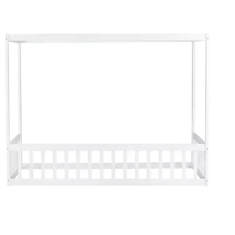Lit cabane double en bois d'hévéa naturel/blanc avec clôture pour 1 personne