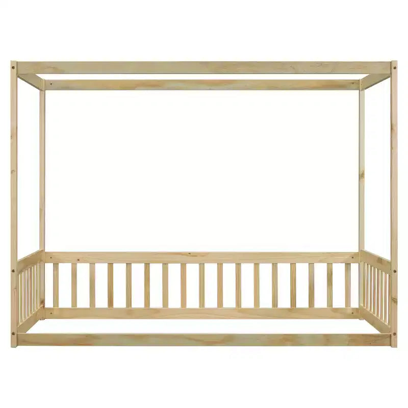 Lit cabane double en bois d'hévéa naturel/blanc avec clôture pour 1 personne