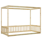 Lit cabane double en bois d'hévéa naturel/blanc avec clôture pour 1 personne