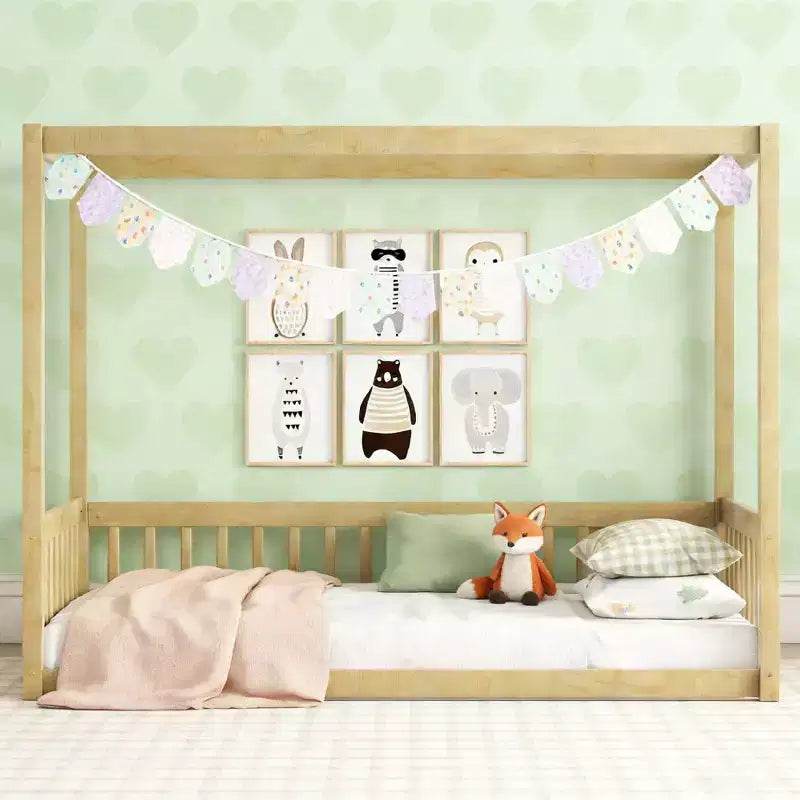 Luxystar Twin Canopy Frame Floor Bed with Fence
