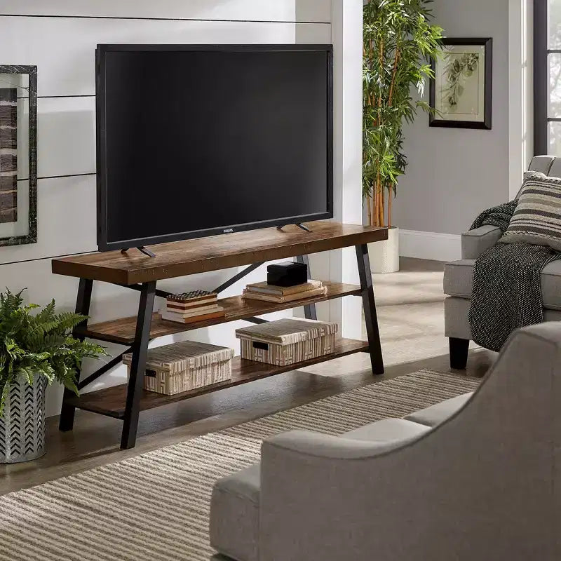 Meuble TV rustique marron avec base en X pour 1