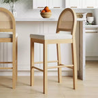 Tabouret de bar hauteur comptoir en rotin chêne naturel et bouclé crème pour 1