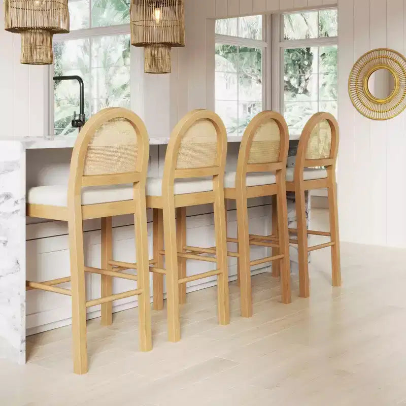 Tabouret de bar hauteur comptoir en rotin chêne naturel et bouclé crème pour 1