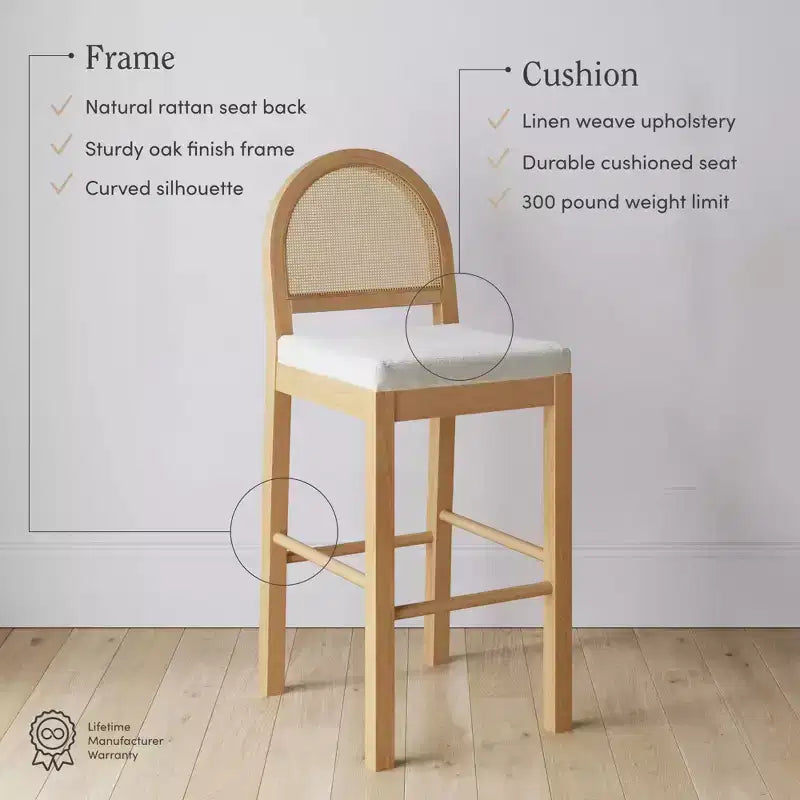 Tabouret de bar hauteur comptoir en rotin chêne naturel et bouclé crème pour 1