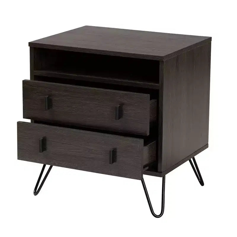 Table de chevet 2 tiroirs marron et noir avec étagère ouverte pour 1