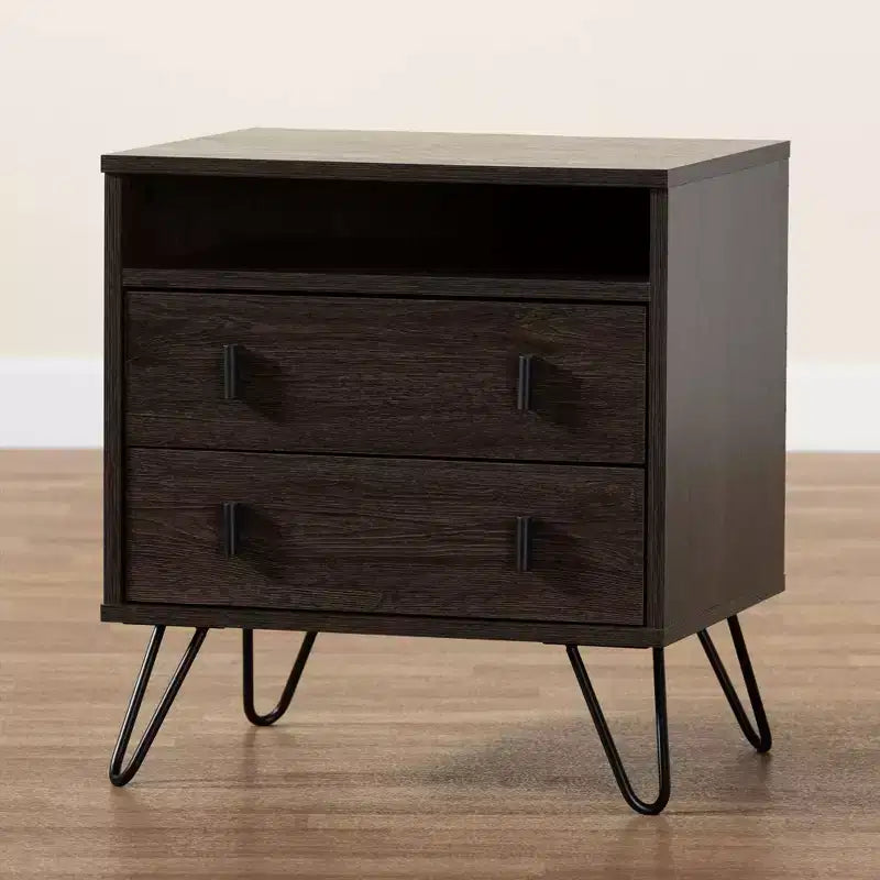 Table de chevet 2 tiroirs marron et noir avec étagère ouverte pour 1