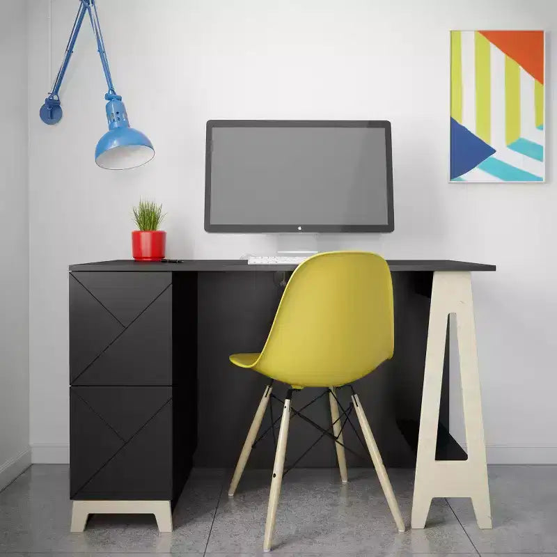 Black & Birch 2-Drawer Desk with Open Storage Shelf for 1