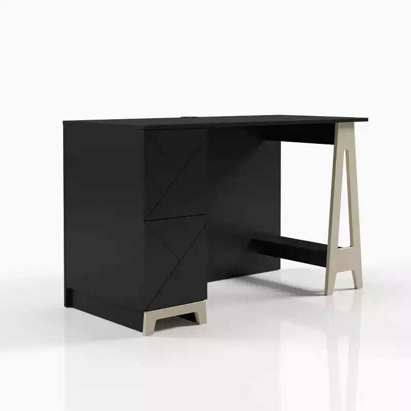 Bureau 2 tiroirs avec étagère ouverte de rangement Noir et Bouleau pour 1