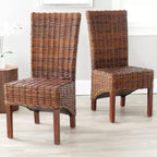 Chaise de salle à manger sans accoudoirs à dossier haut en manguier et rotin marron pécane pour 1 (Lot de 2)