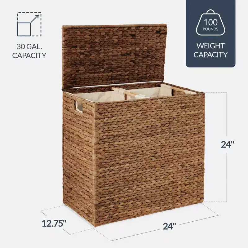 Panier double à linge en jacinthe d'eau naturelle/noire/grise/espresso avec sacs de doublure pour 1