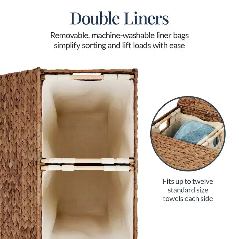 Panier double à linge en jacinthe d'eau naturelle/noire/grise/espresso avec sacs de doublure pour 1