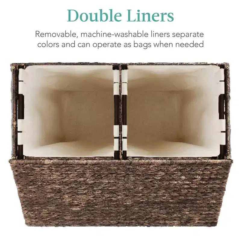 Panier double à linge en jacinthe d'eau naturelle/noire/grise/espresso avec sacs de doublure pour 1