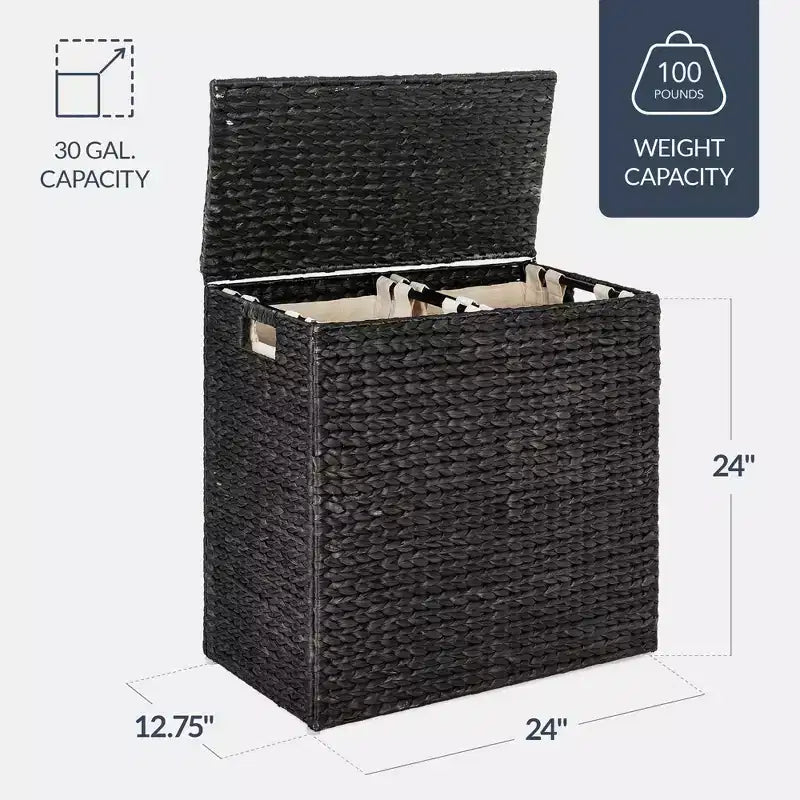 Panier double à linge en jacinthe d'eau naturelle/noire/grise/espresso avec sacs de doublure pour 1