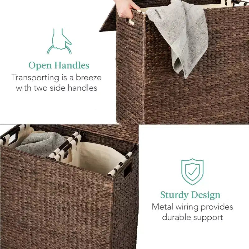 Panier double à linge en jacinthe d'eau naturelle/noire/grise/espresso avec sacs de doublure pour 1