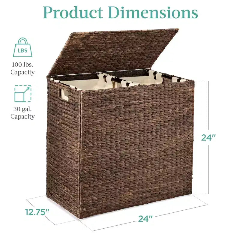 Panier double à linge en jacinthe d'eau naturelle/noire/grise/espresso avec sacs de doublure pour 1