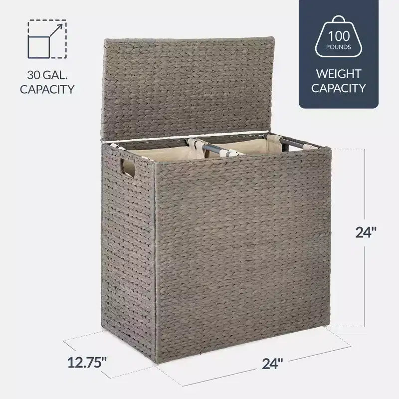 Panier double à linge en jacinthe d'eau naturelle/noire/grise/espresso avec sacs de doublure pour 1