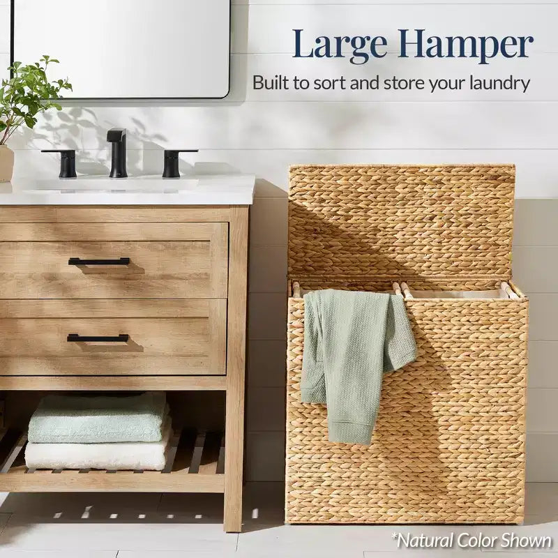 Panier double à linge en jacinthe d'eau naturelle/noire/grise/espresso avec sacs de doublure pour 1