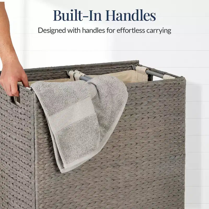 Panier double à linge en jacinthe d'eau naturelle/noire/grise/espresso avec sacs de doublure pour 1