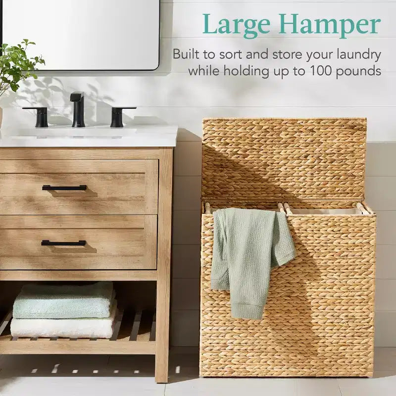 Panier double à linge en jacinthe d'eau naturelle/noire/grise/espresso avec sacs de doublure pour 1